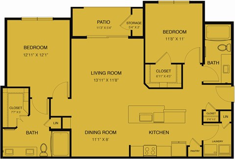 Floor plan for 2 beds, 2 baths, 1213 sqft